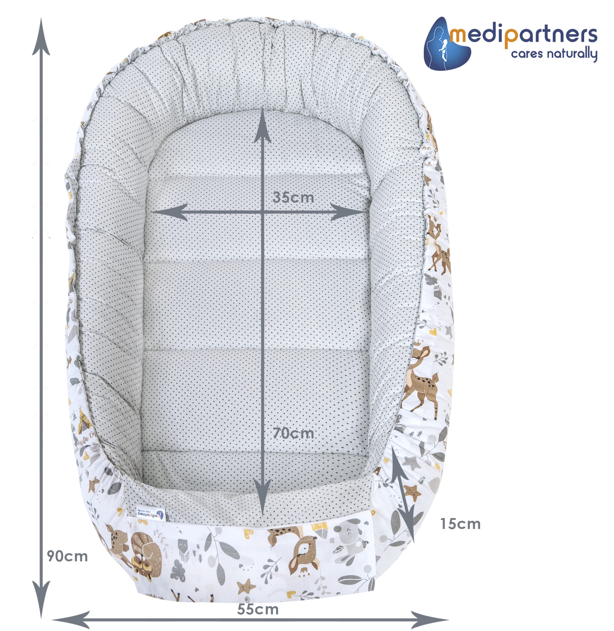 Medi Partners Babynest Nestchen Baby Set für Neugeborene - 100x60x15 Kuschelnest 5 teilig tragbar Nest zweiseitig Babynestchen Bett 100% Baumwolle (REH mit Grauem Minky)