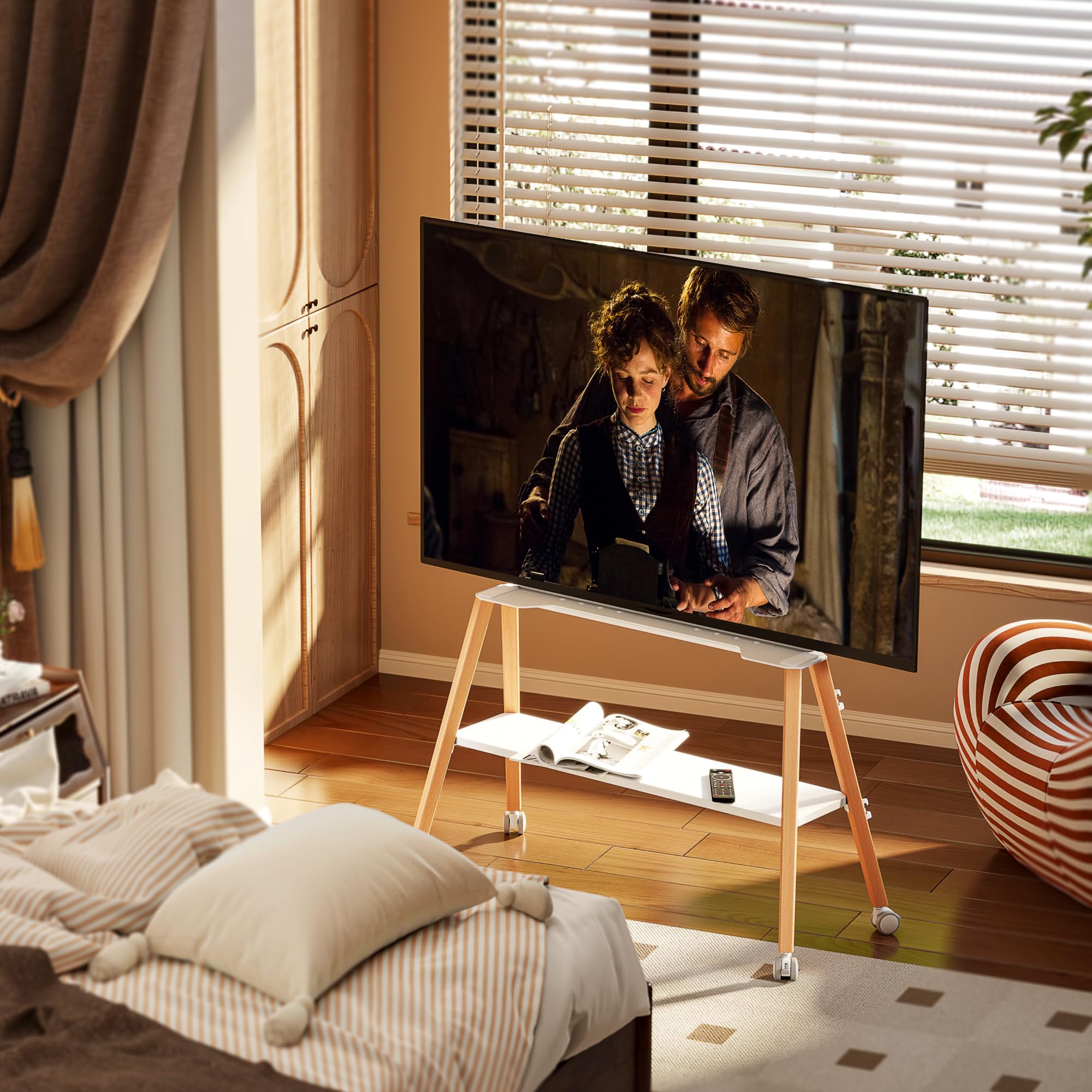 TV Ständer mit Rollen für 49 bis 75 Zoll TV bis zu 40 kg, Easel Design mit Metallstruktur und Holzablage, Beweglicher TV Ständer auf Rädern für Geschäft, Büro, Schule, Haus