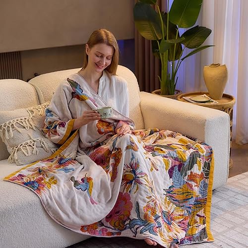 Miniatura 7 de Manta reversible de 100% algodón, ultrasuave, rústica, bohemia, con diseño floral, pájaros y mariposas, decoración con estilo de granja, para todas