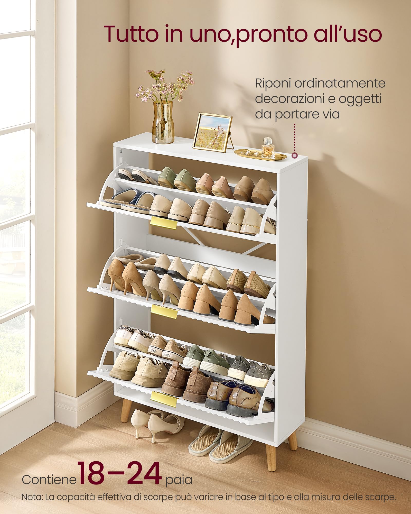 VASAGLE MAXE Collezione - Scarpiera con 3 Ribalte, Mobile Portascarpe Stretto Autoportante per Ingresso, con Ante Scanalate, per 18-24 Paia, Stile Moderno di MetàSecolo, Bianco Nuvola HSC302WB02