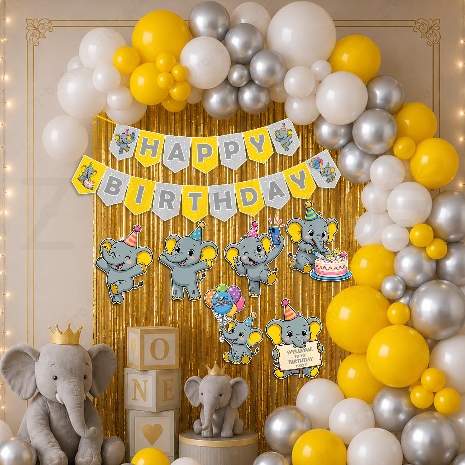 Zyozique® Elephant Theme Birthday Decoration Kit for Kids | 111 Pcs Birthday Party Decoration Set with Balloons, Paper Banner, Foil Curtain, Glue Dots & CardStock Cutouts | Baby Boy Theme-image-27