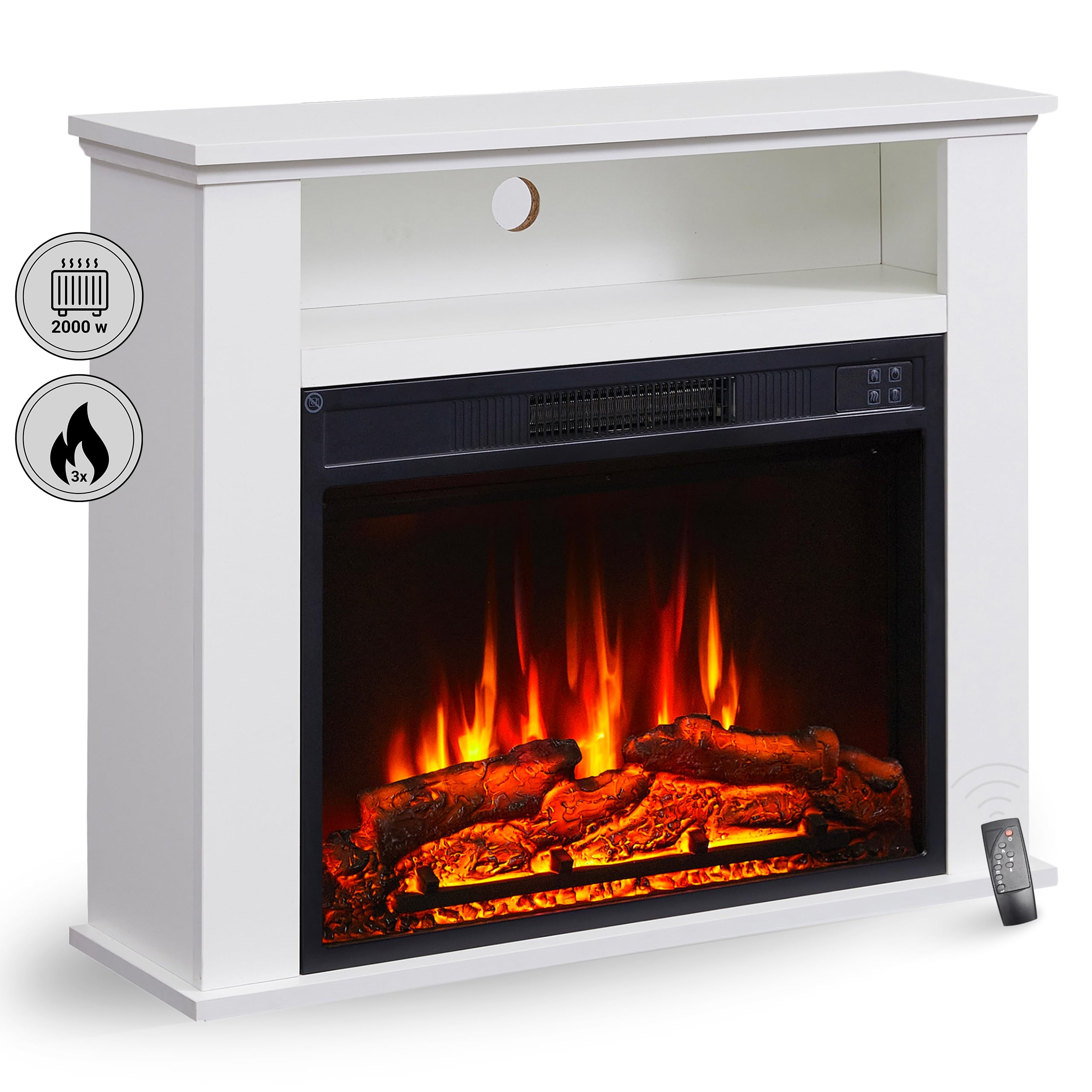 Chimenea eléctrica BALDERIA Frida - Chimenea eléctrica de pie con Compartimento Adicional y calefacción 2000 W, Efecto de Llama 3D Realista, Control Remoto, Temporizador, termostato - Blanco