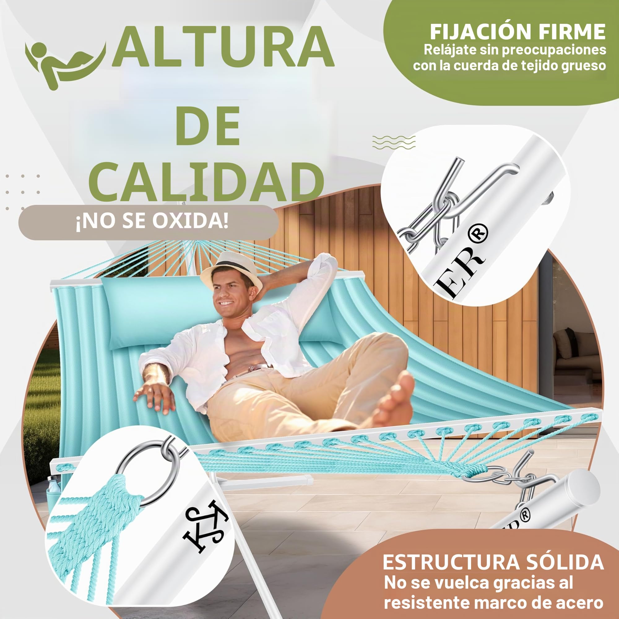 KESSER® Hamaca Hill con cojín estructural doble para 2 personas, marco estable, 200 kg, interior-exterior, XXL, gris/azul