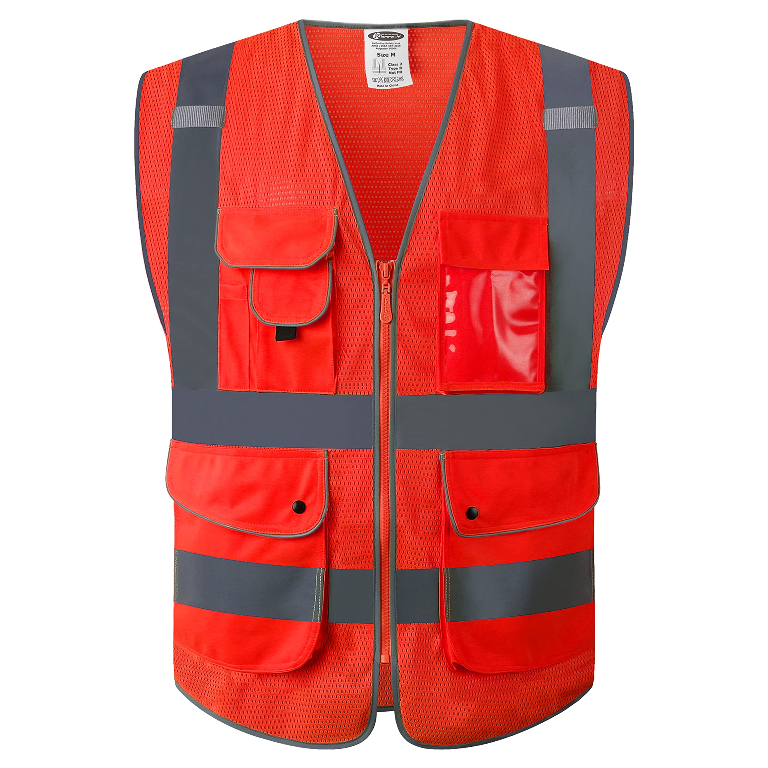 JKSafety 9 Pockets High Visibility Safety Vest for Men and Women, Hi-Vis Reflective Red Safety Vests with Zipper Front, Meet ANSI/ISEA Standards (159-Red L)