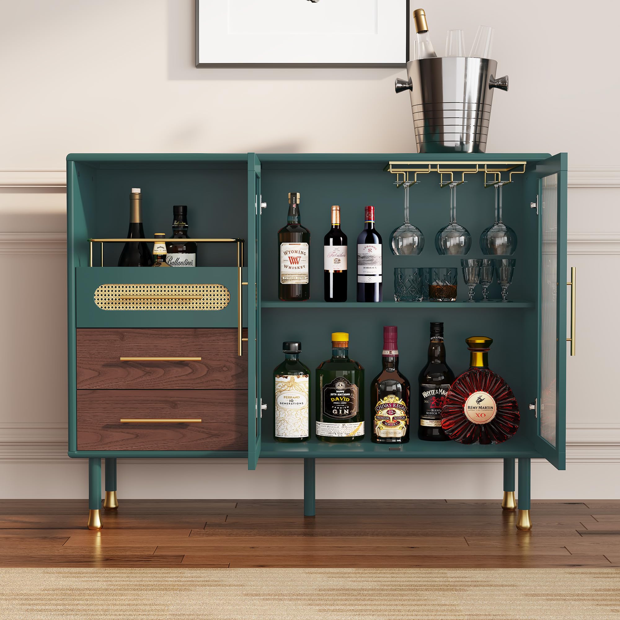 ARTPOWER 48" Coffee Bar Cabinet with Wine Racks and Drawers, Green