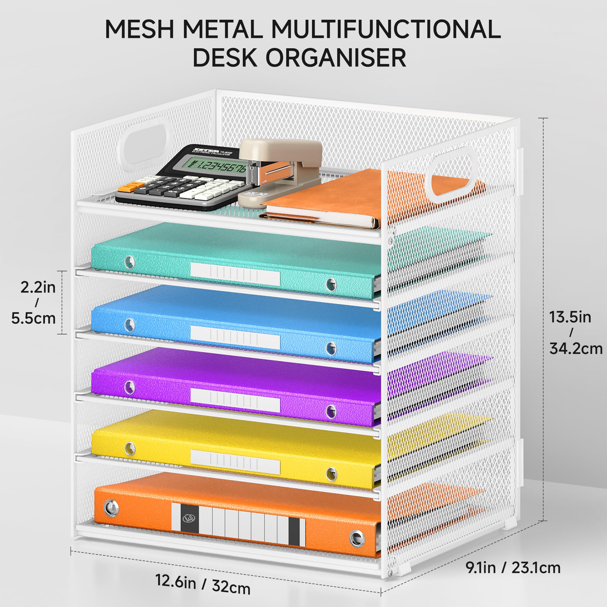 VITVITI Organizador de Escritorio con Archivador, Bandeja de Papel de 6 Niveles con Asa, Malla de RellenoOrganizador para Material de Oficina en Casa, Accesorios de Oficina Ordenados - Blanc