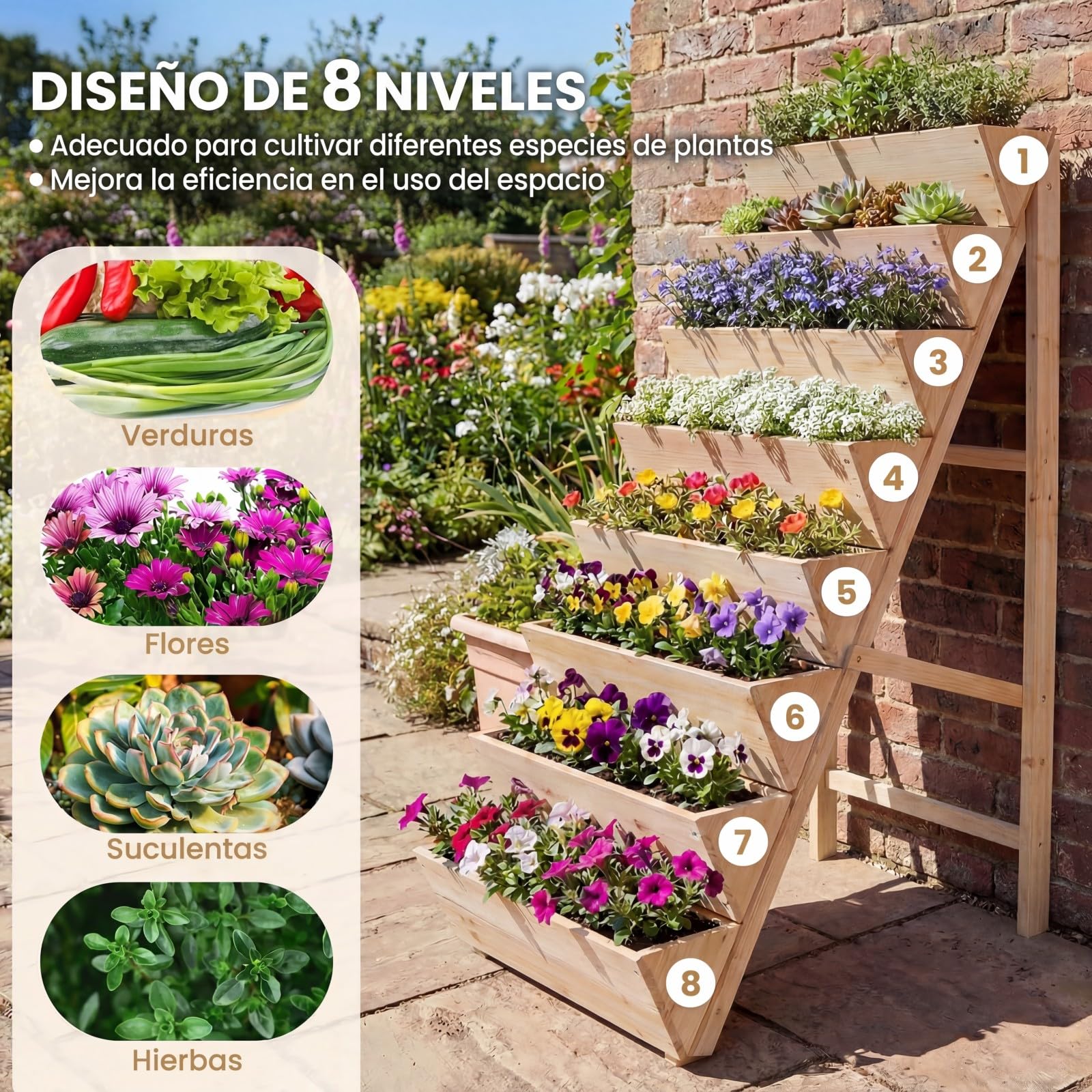 COSTWAY Huerto Urbano Vertical de 5 Niveles, Jardinera Exterior de Madera, Forma de Escalera para Iluminación Suficiente, Meceteros para Flores y Verduras, Terraza, Jardín (101x60,5x150 cm,Natural)