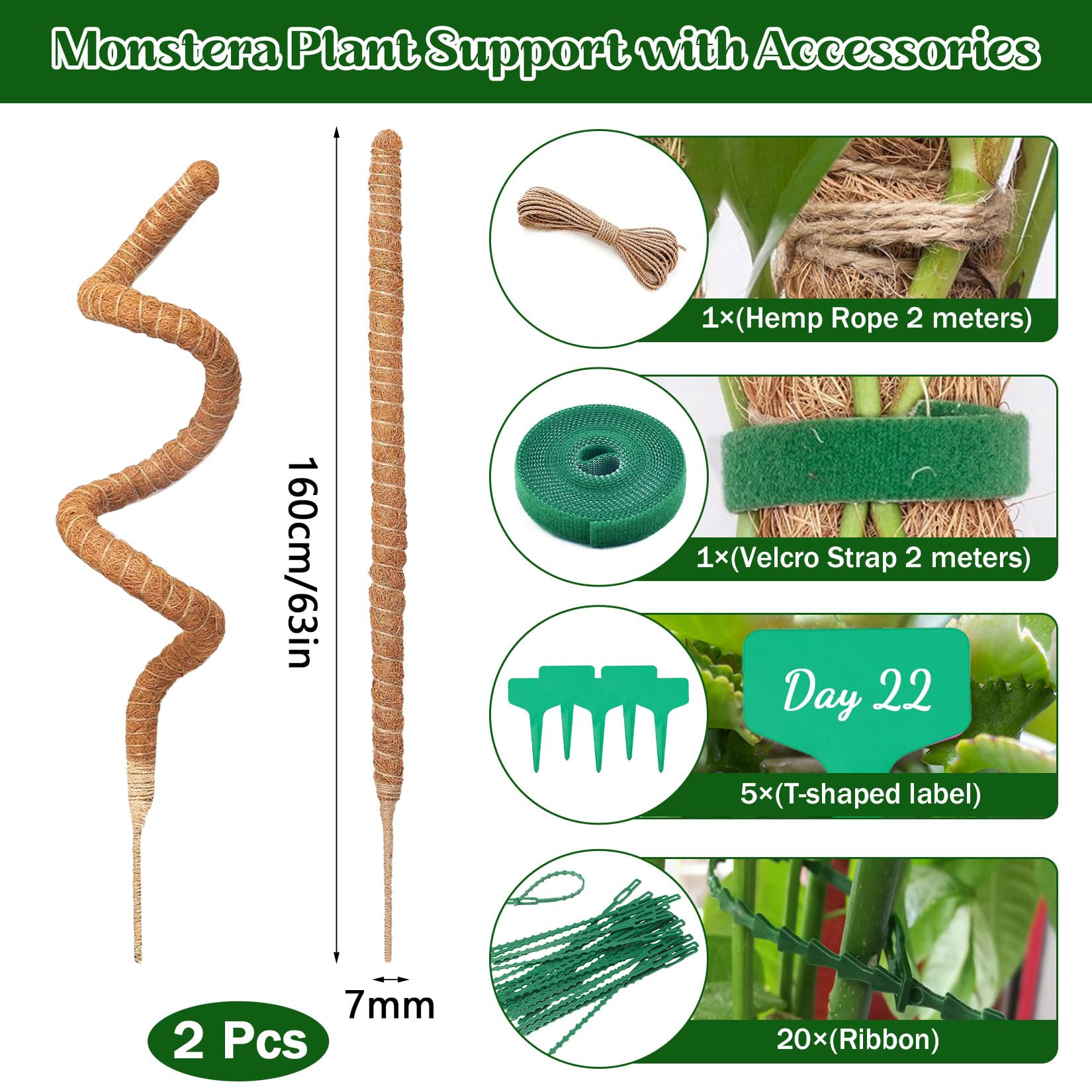 Monstera podpora do roślin pnących do roślin pnących do roślin pnących do wnętrz, 2 sztuki, 160 cm, drążek kokosowy Monstera, elastyczna pałeczka do mchu z akcesoriami