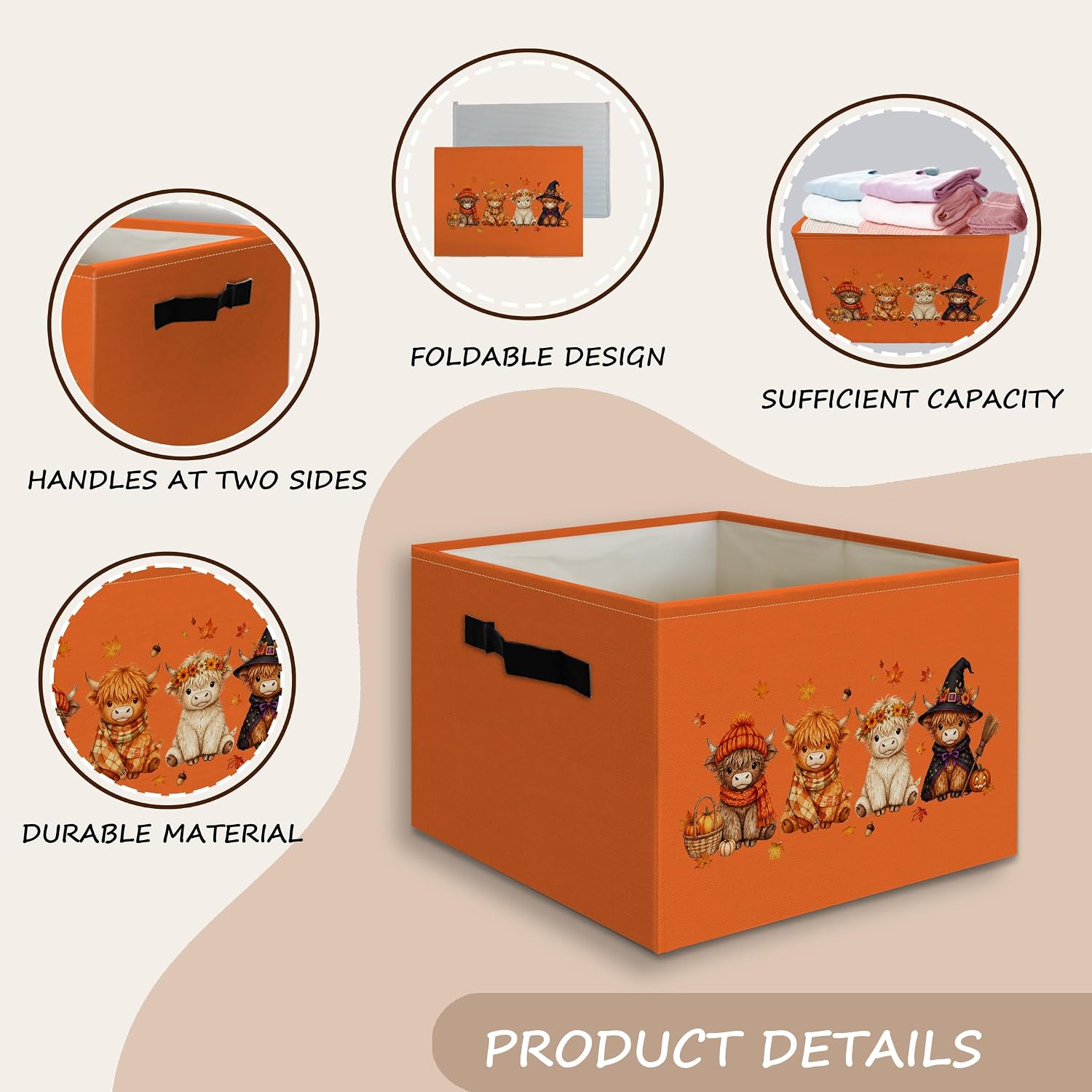 Fall Highland Cow Halloween Foldable Storage Bins Box with Handles