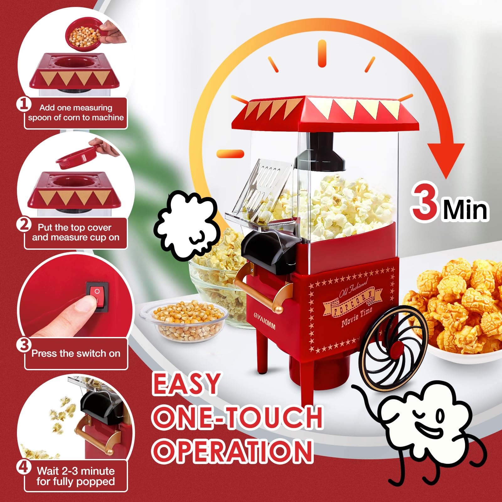 Macchina per popcorn, kit per popcorn ad aria calda, confezione regalo, macchina portatile per popcorn casalinga, 10 tazze, senza olio, stile retrò, compatta e carina (rosso-9)