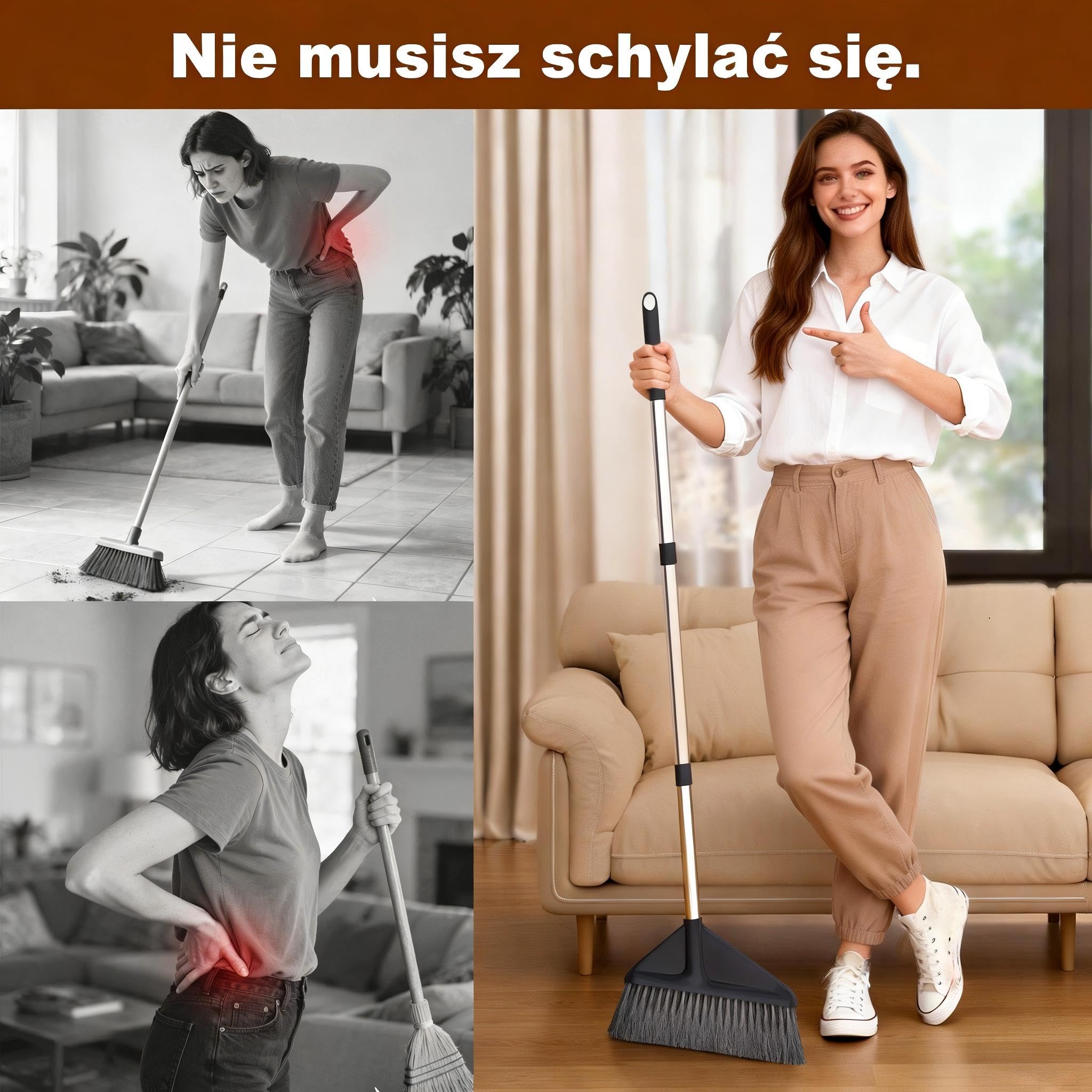 MOPUP Zestaw miotły i szufelki z długim trzonkiem, wersja pionowa, nadaje się do czyszczenia podłóg, do użytku wewnątrz i na zewnątrz, uchwyt 125 cm, kolor szary.