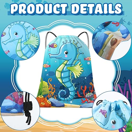 Miniatura 5 de Frienda 12 bolsas con cordón para fiestas oceánicas, mochila bajo el mar con criaturas para niños, suministros de fiesta de cumpleaños en el océano,