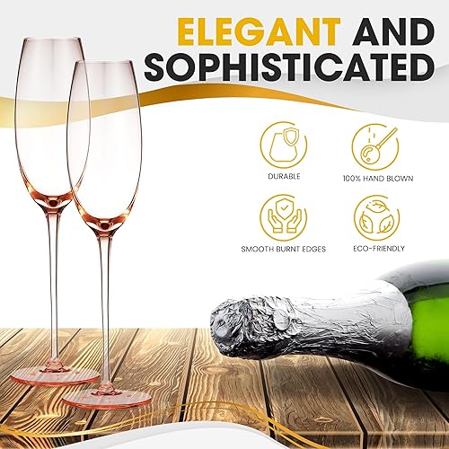 Miniatura 2 de Juego de 2 copas de champán de colores, elegantes copas de champán, 7.3 onzas (rosa rosa)