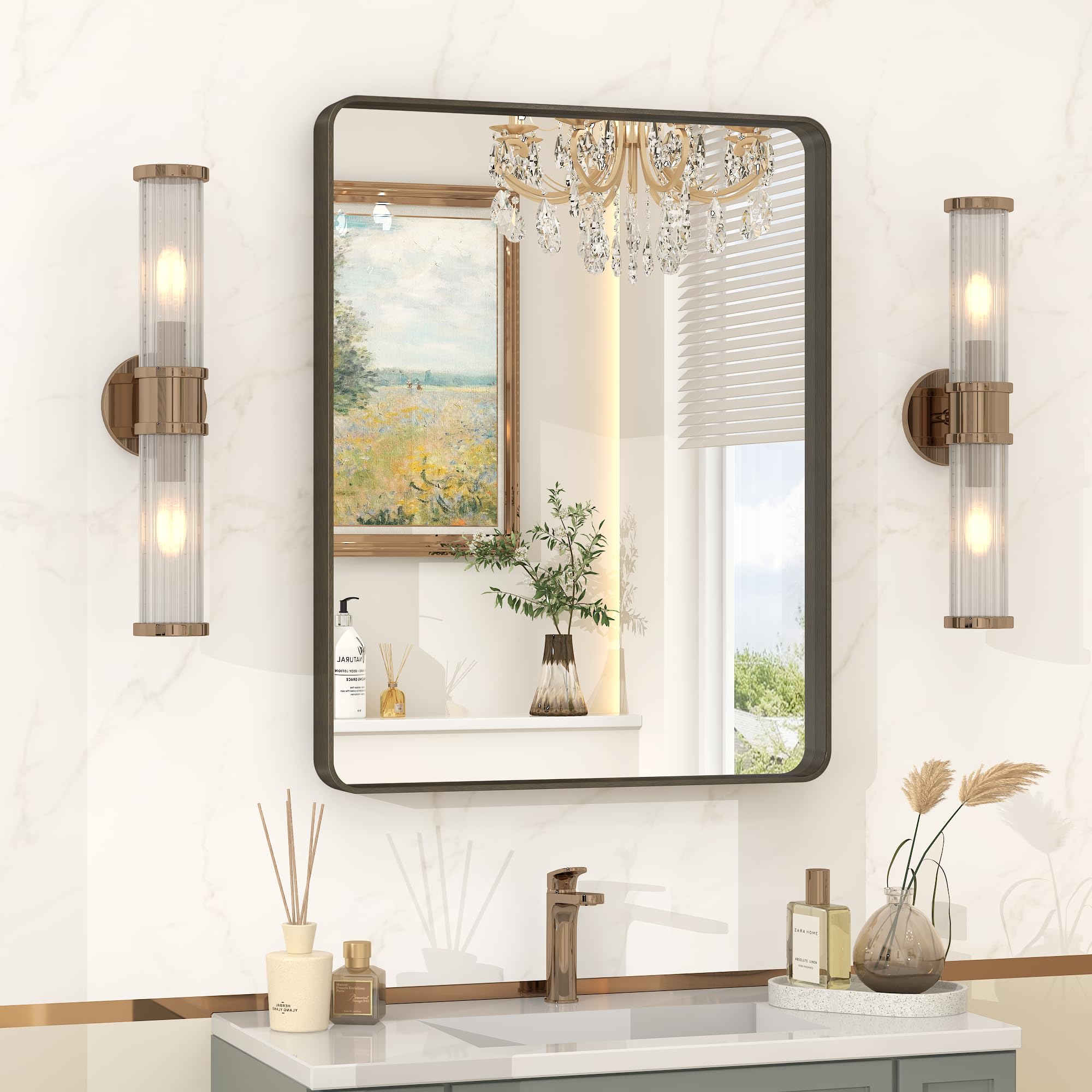 VANLIO 22x30 Inch Bronze Framed Bathroom Mirror, Brushed Bronze Metal Vanity Mirror, Bronze Rectangle Mirror, Rounded Corner, Tempered Glass, Anti-Rust, Shatterproof (Horizontal/Vertical)