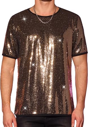 Lars Amadeus Sequin Tee for Mens Short Sleeves Crew Neck Nightclub Party T-Shirts