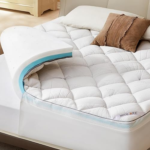 Bedlore Cubrecolchón King de 4 pulgadas para dolor de espalda, soporte medio de doble capa (espuma viscoelástica de gel de 2 pulgadas + almohadilla