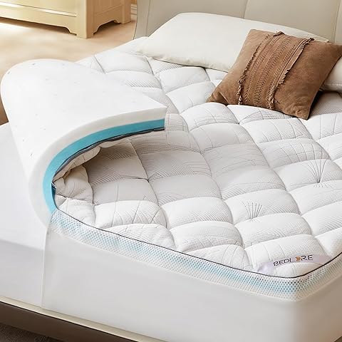 Bedlore 4 Inch Memory Foam Mattress Topper King Dual Layer, 2 Inch Gel Memory Foam Plus 2 Inch Fluffy Cooling Down Alternative Pillow Top Mattress Pad Cover for Back Pain, Medium Support (White)