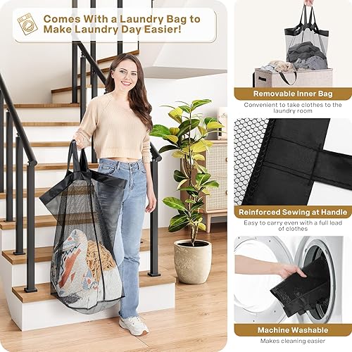 Miniatura 3 de SOLEDI Cesta de lavandería doble con tapa y asa, cesta de lavandería de 2 secciones con bolsa extraíble, cestas plegables para ropa sucia para