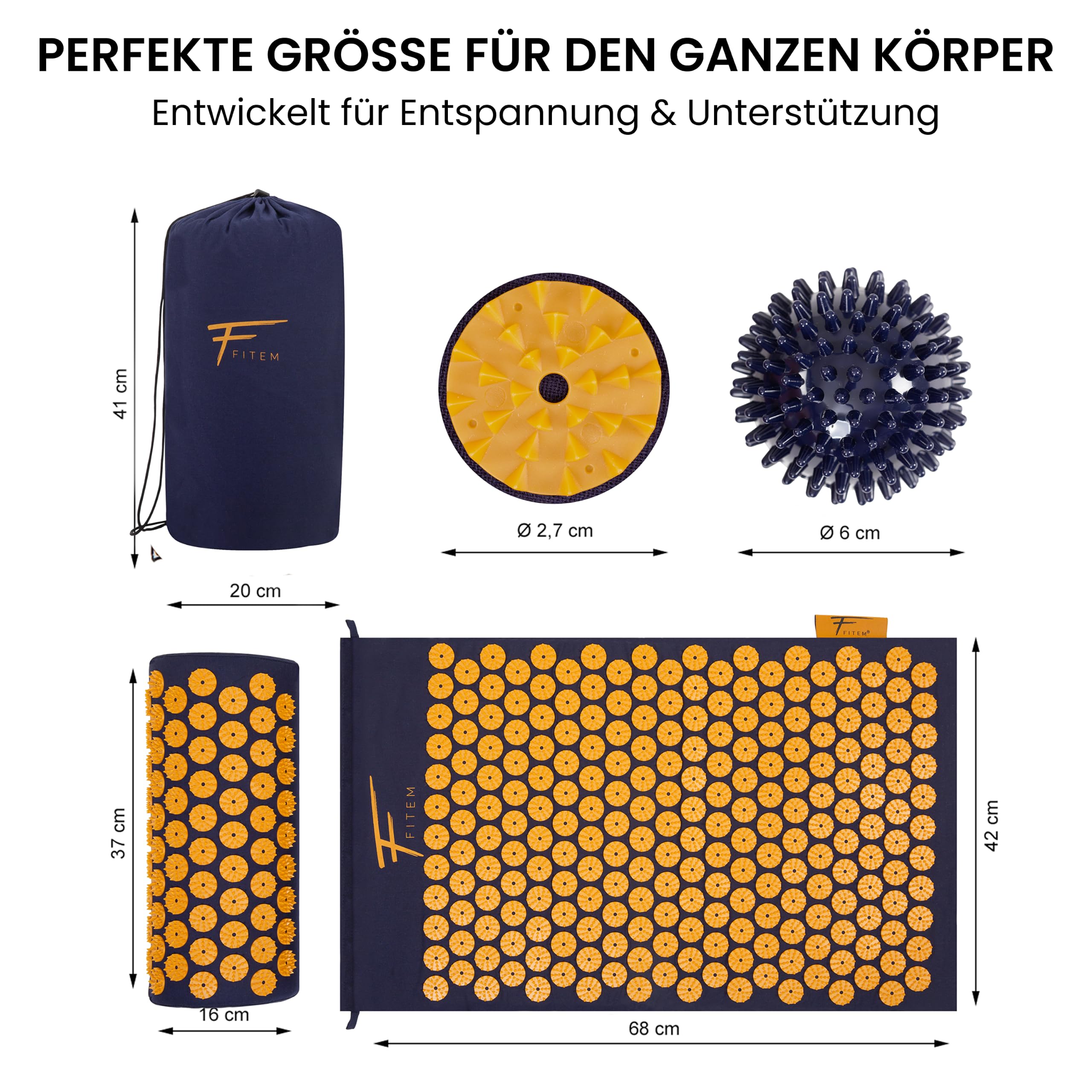 Fitem Akupressur-Set mit Matte, Kissen, Tasche und Massageball, lindert Rücken- und Nackenschmerzen, fördert Muskelentspannung, Massage, Entspannung und Wohlbefinden zu Hause