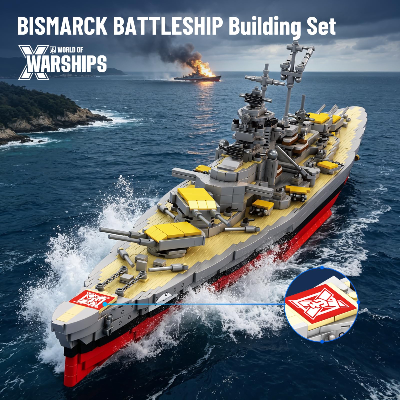 Reobrix World of Warships Bismarck Schlachtschiff Klemmbaustein Set 77051 | 1:300 Offiziell Lizenziertes Bastelset, Inkl. Spielbonus, Großes WW2 Schiffsmodell, Sammlerstück für Erwachsene,3462 Teile