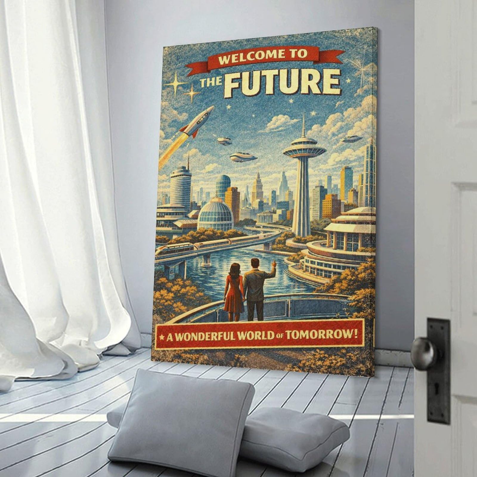 Junmoney Canvas Wall Decor Welcome to The Future Vintage, 16x24inch(40x60cm), for Bedroom, Guest Room Or Reading Nook, Decorative Wall Art for Cosy Rooms