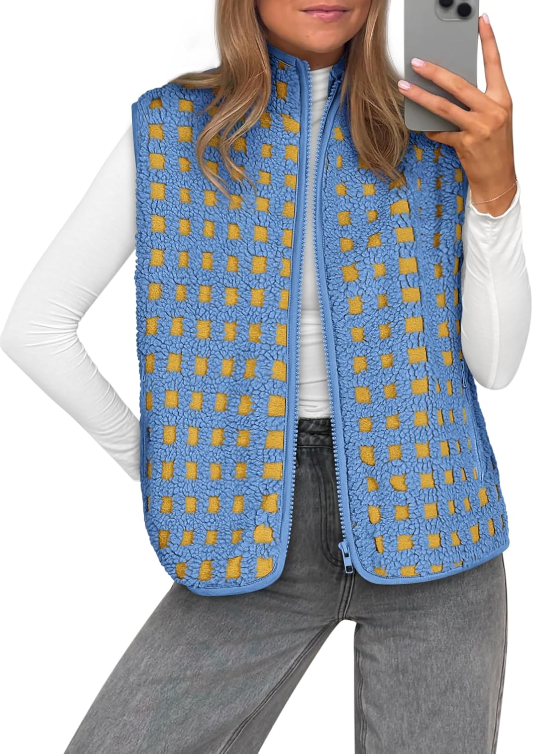 Women’s Sherpa Vest Sleeveless Plaid Zip Up High Neck Warm Fleece Gilet Outerwear Crop Jackets with Pockets - Image 2