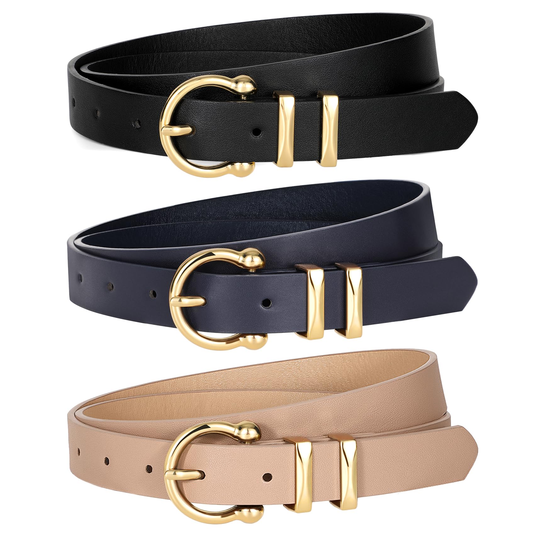 KASBAH 3 Pack Women's Leather Belts For Jeans Dresses Ladies Belt For Pants With Gold Buckle Casual Work Wear Belt