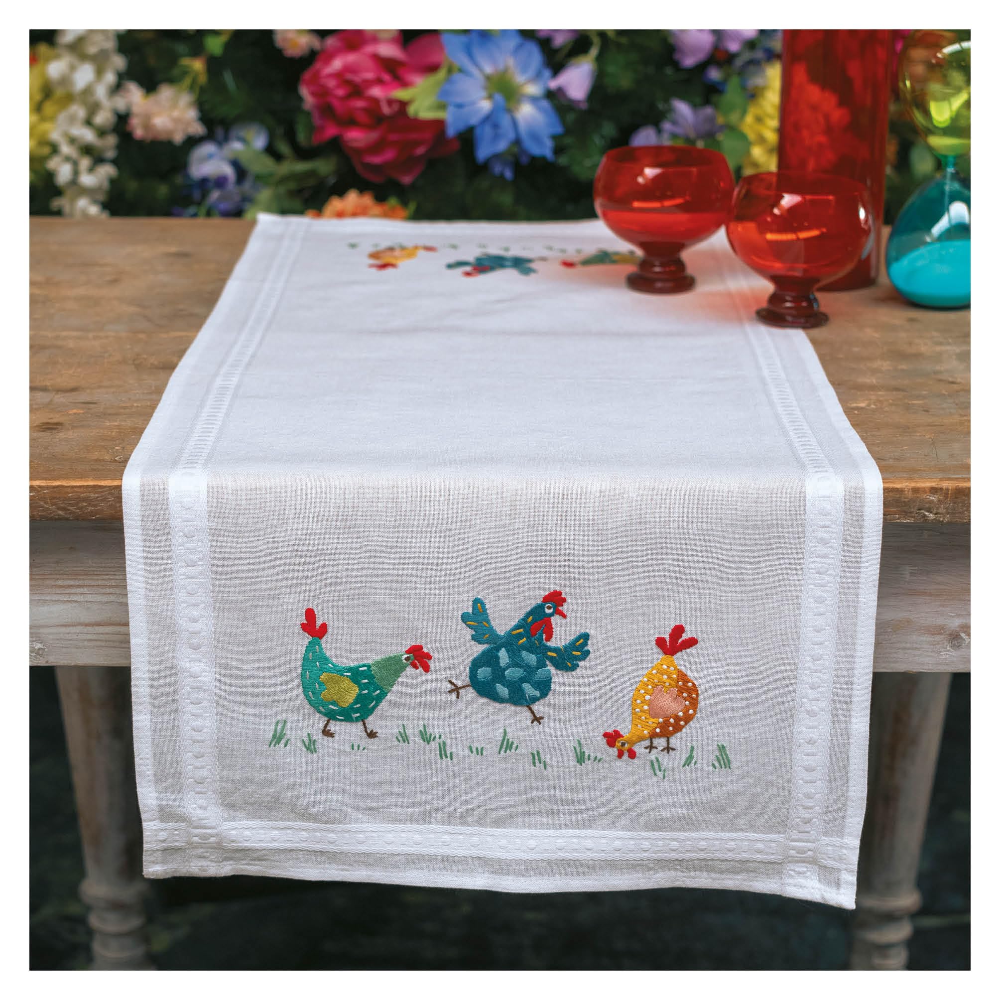 Vervaco Table Runner Kit Coloured Chickens, White, Approx. 40 x 100 cm