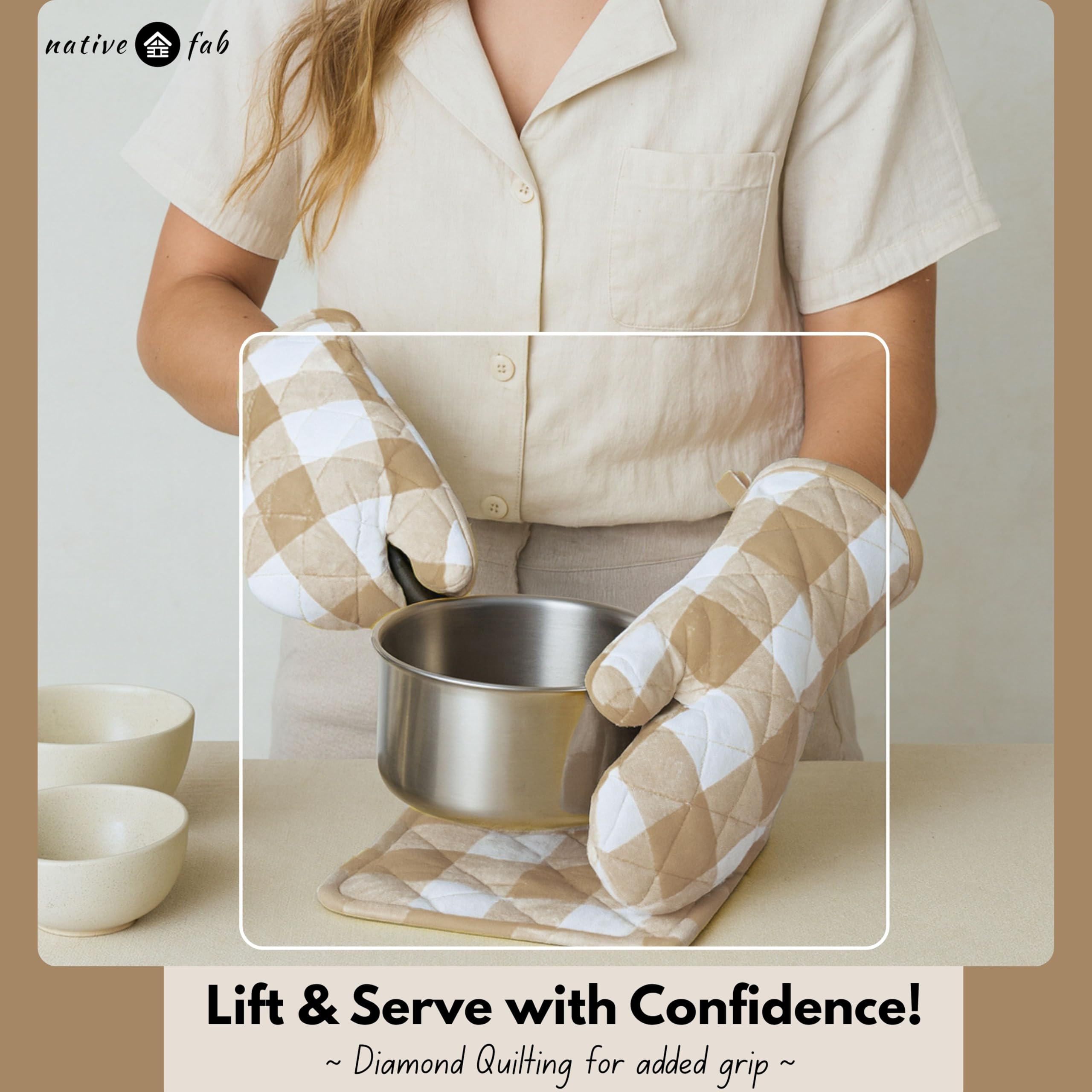 Native Fab Buffalo - Set di 4 guanti da forno e presine a quadri in 100% cotone, resistenti al calore, 2 guanti da forno (7 x 13), 2 presine (8 x 8) per cucinare e cuocere, beige bianco