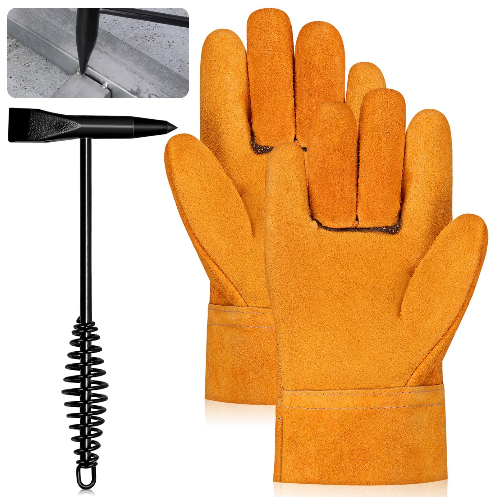 Glarks Set di 2 martelli per saldatura da 250 mm, con manico a molla elicoidale e un paio di guanti per saldatura, set di strumenti per la rimozione di scorie e residui di saldatura