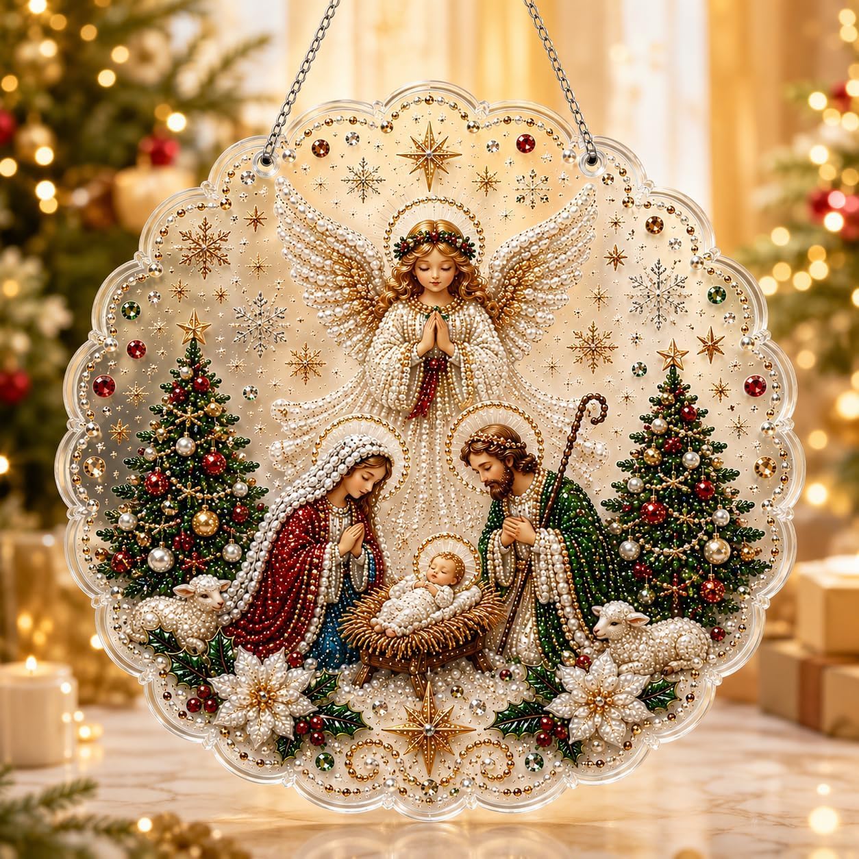 DualBlades DIY Christmas Pearl Diamond Painting Suncatcher Kit for Adults, DIY 3D Christmas Craft for Beginner, Pre-Assembled Metal Chain, 3D Mixed-Sized Pearl Beads Craft, 7.87 * 7.87in，Style L