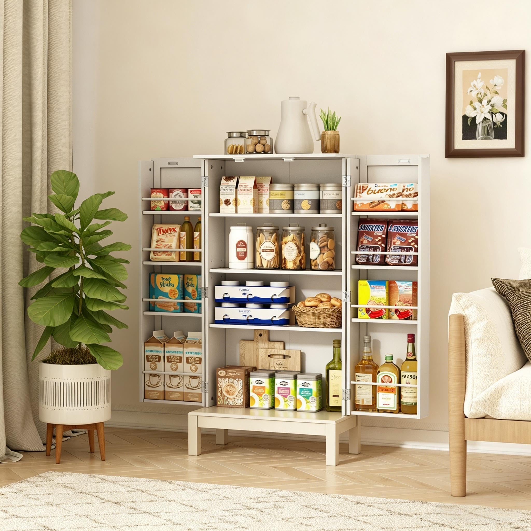 HOLTICO Dispensa da Cucina con Ripiani Regolabili, Piedini Dorati e Ante Decorate, Armadietto Autoportante per Soggiorno, Camera da Letto, Bagno, Sala Pranzo e Garage, Avorio Naturale Senza Dorature