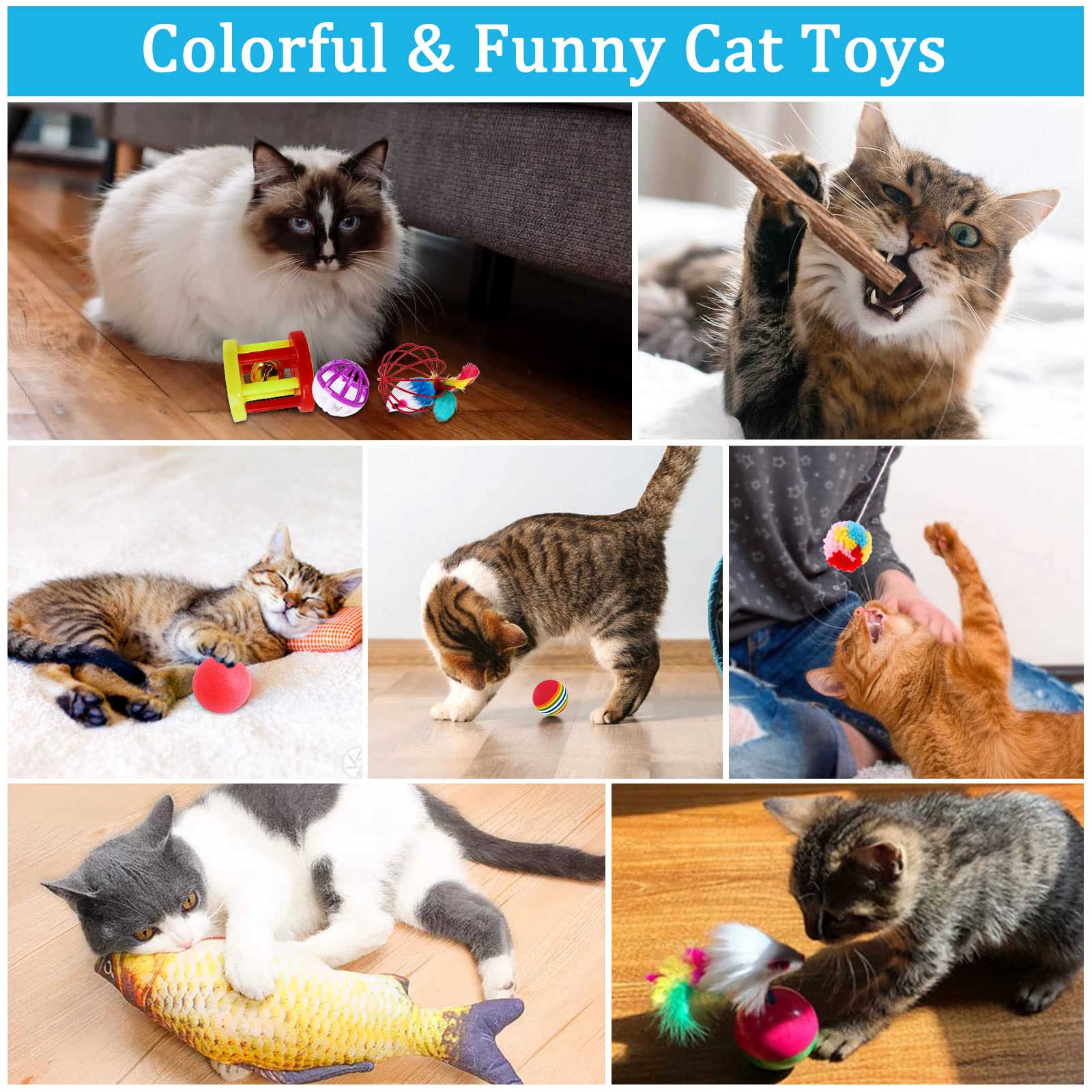 Juguetes para Gatos - Set 33pcs Interactivo Con Túnel, Ratones, Hierba Gatera, Varita de Plumas, Peces, Bolas y Campanas
