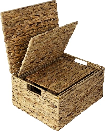 PEMAR Cestas de almacenamiento rectangulares apilables de mimbre natural con tapas, cestas tejidas apilables, organizador de caja de almacenamiento