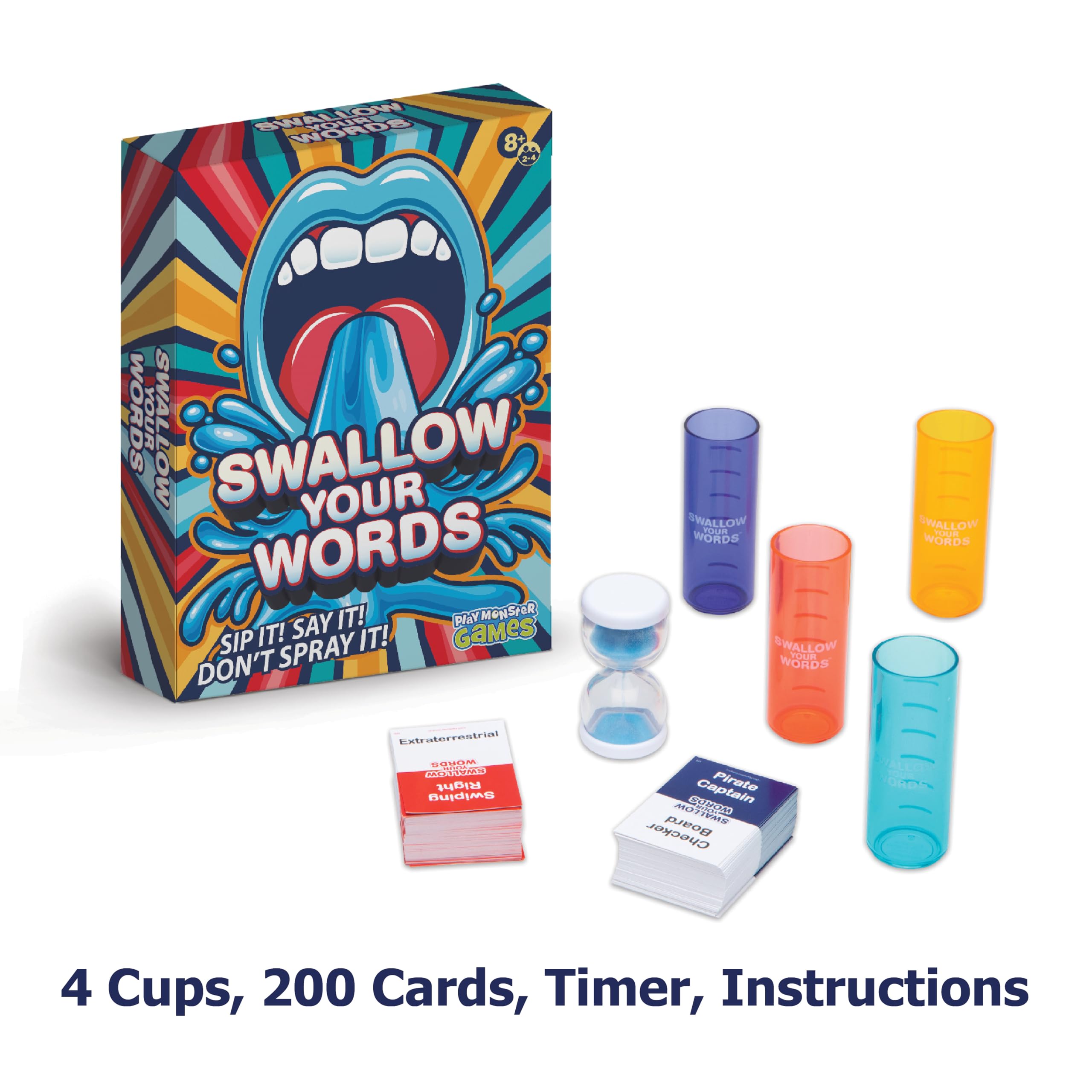 PlayMonster Juegos de cartas Swallow Your Words - Juego de mesa para la noche de juegos familiares, bebe y dilo no lo rocíes, juego multijugador, adivina la frase antes de que se acabe el temporizador