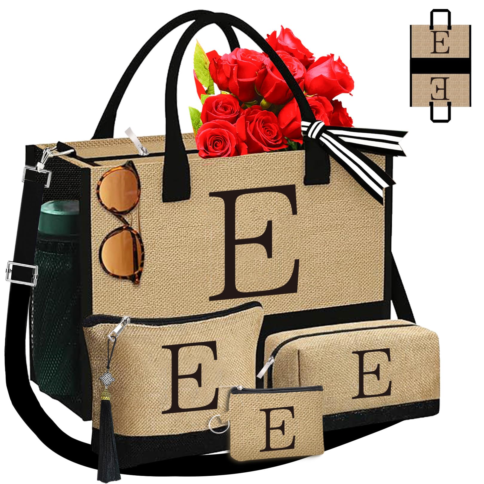 Adoryoung Monogrammed Tote Bags, 4Pcs Birthday Gifts for Women Initial Personalized Jute Tote Bags for Her Female Sister Mom, Jute, L, E