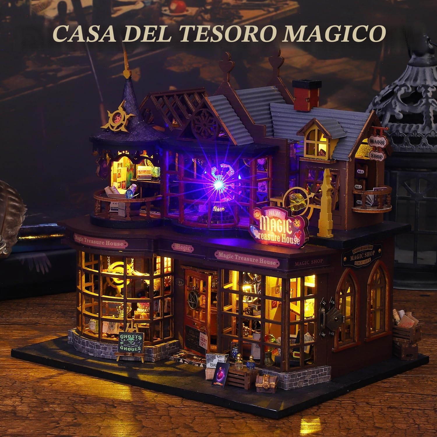Mostop Casetta in miniatura fai da te, in legno, in miniatura, con luce LED, idea creativa per adulti, magica casa fai da te (Magic Treasure)