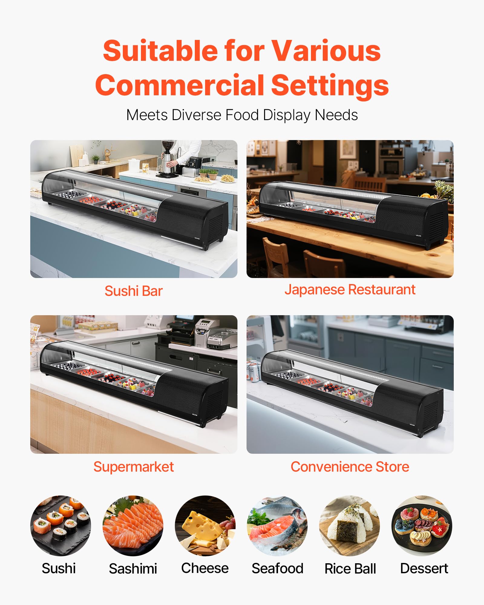 VEVOR Vetrina Refrigerata per Sushi Commerciale da 82 L, 5 Teglie con Vetro Curvo, Illuminazione a LED e Controllo Digitale della Temperatura, Frigorifero per Bancone Ristorante Negozio