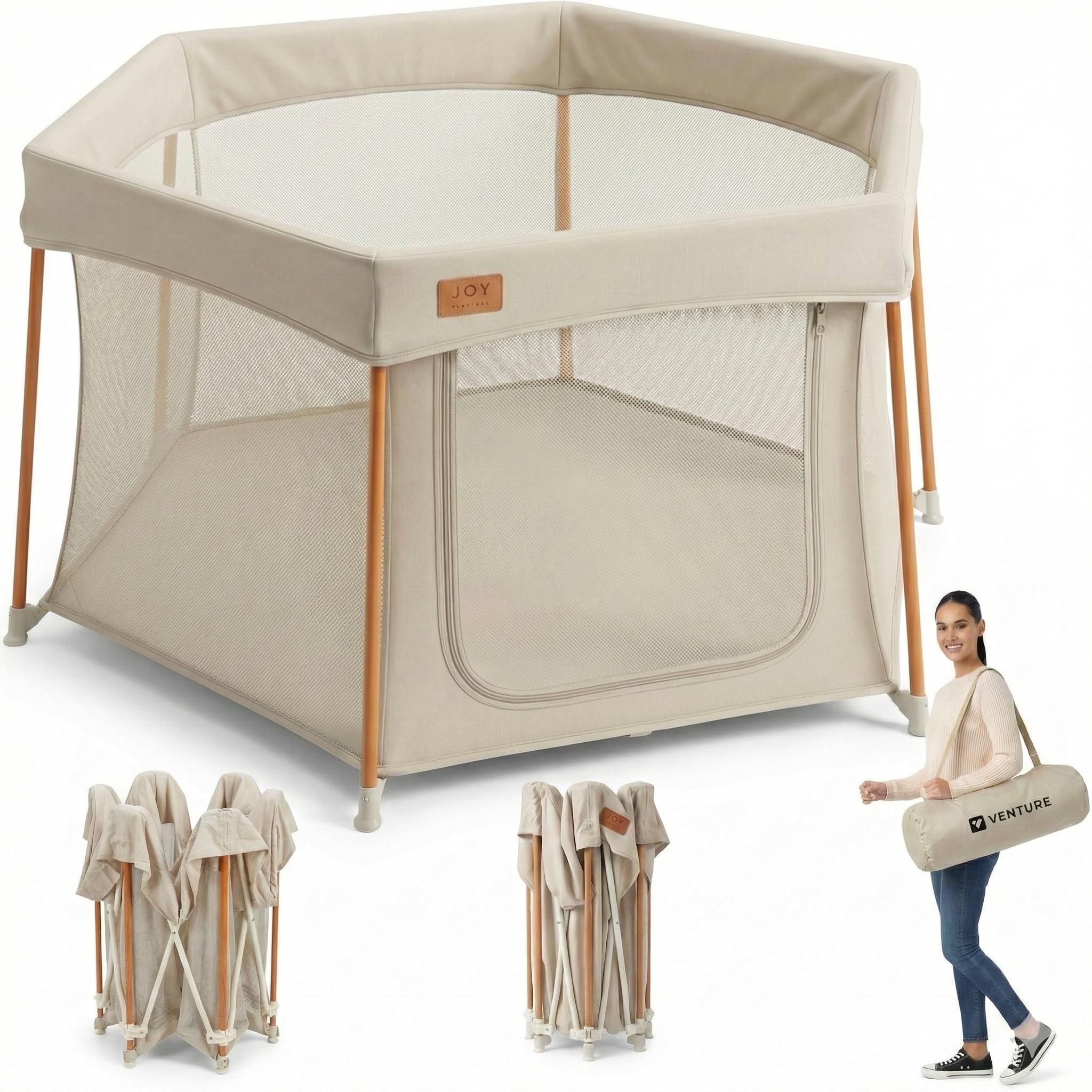 Baby Playpen - All Stars Joy Award-Winning Foldable – Large, Portable Play Pen for Babies & Toddlers, Breathable Mesh & Fitted Mat, Easy to Set Up, Includes Travel Bag - Taupe (6-36 Months)