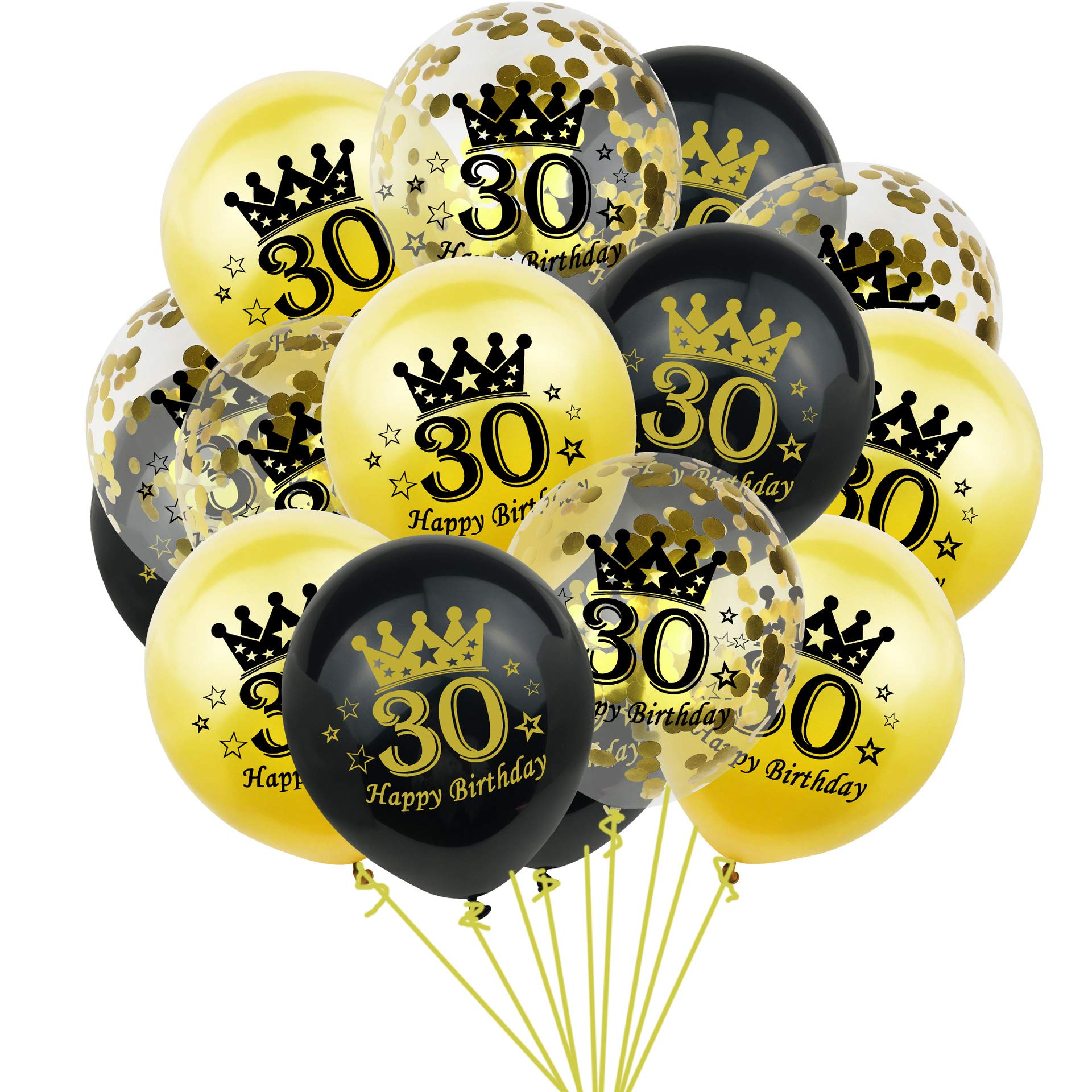 30th Birthday Balloons Set for 30 Happy Birthday Decoration – 15Pcs Black and Gold 30th Birthday Latex & Confetti Balloons - Thirtieth Birthday Party Decor for Men and Women
