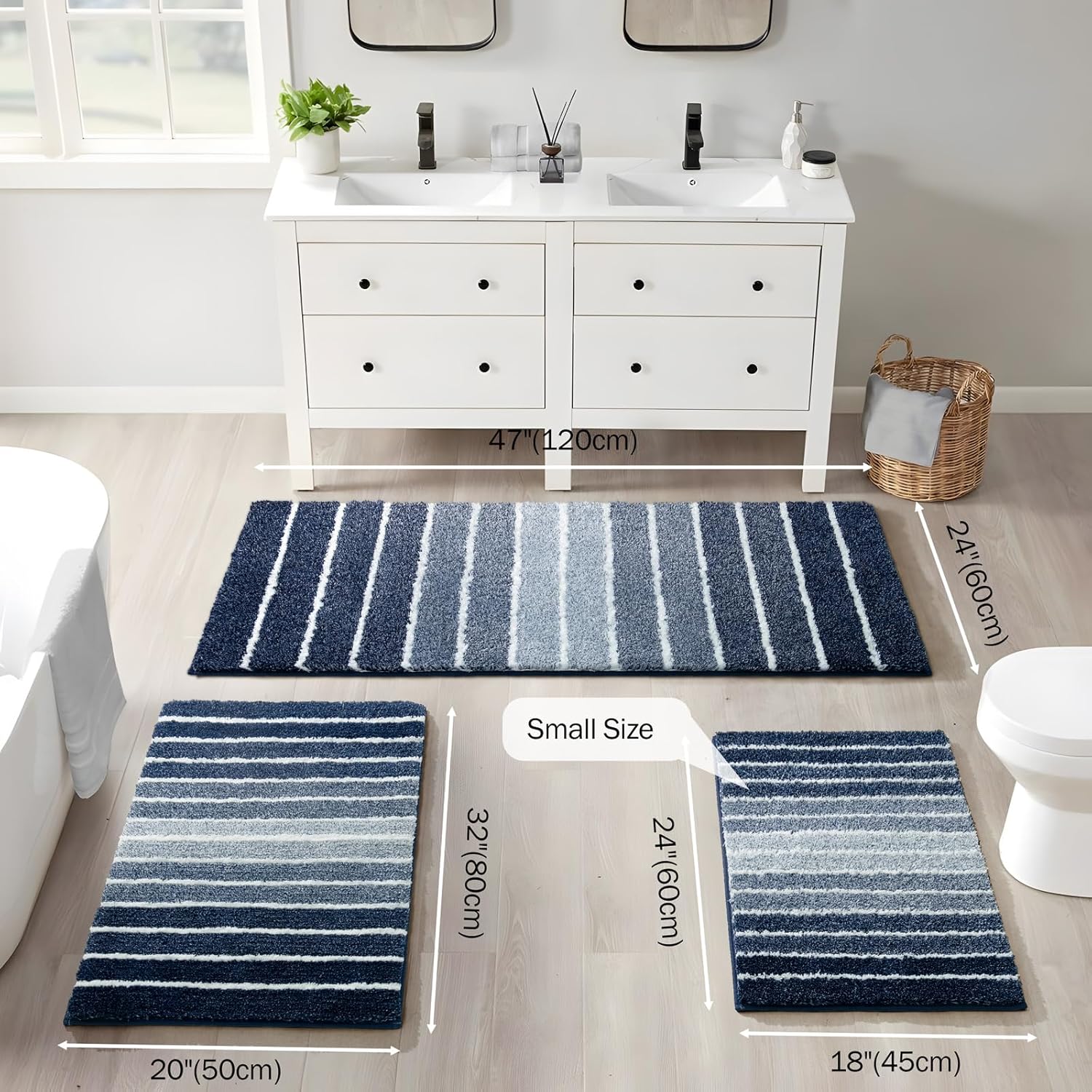 Blue Bathroom Rug 18"x24" Non-Slip, Soft and Absorbent Bath Rugs, Machine Washable, Navy Stripe Bath Mats for Bathroom Floor, Tub and Shower - Image 2