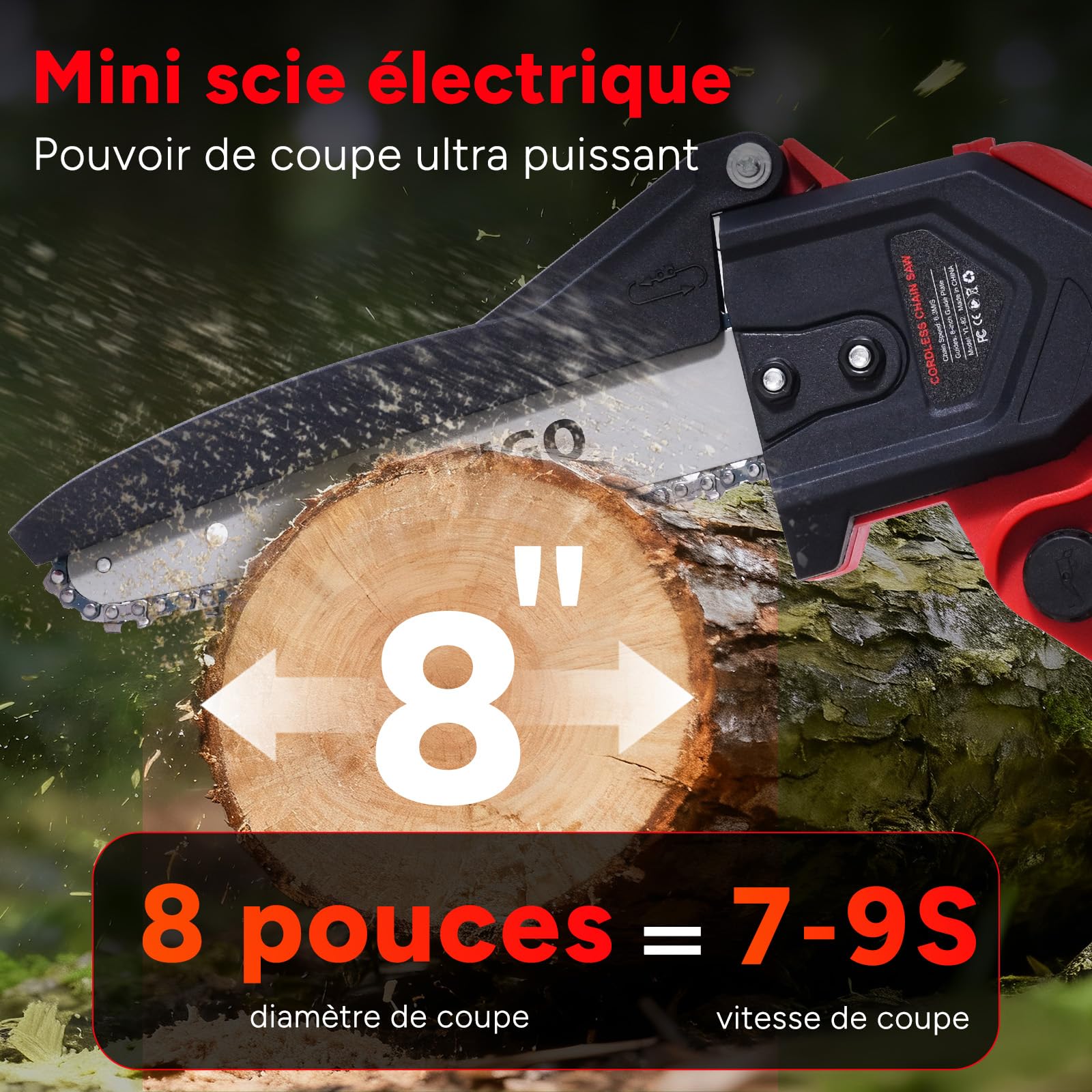 OUTIGO Tronçonneuse à batterie, 8 pouces, 2 * 4000mAh Akku, MINI Tronçonneuse sans fil, 4chaînes+3 barres de guidage de chaîne (8C)