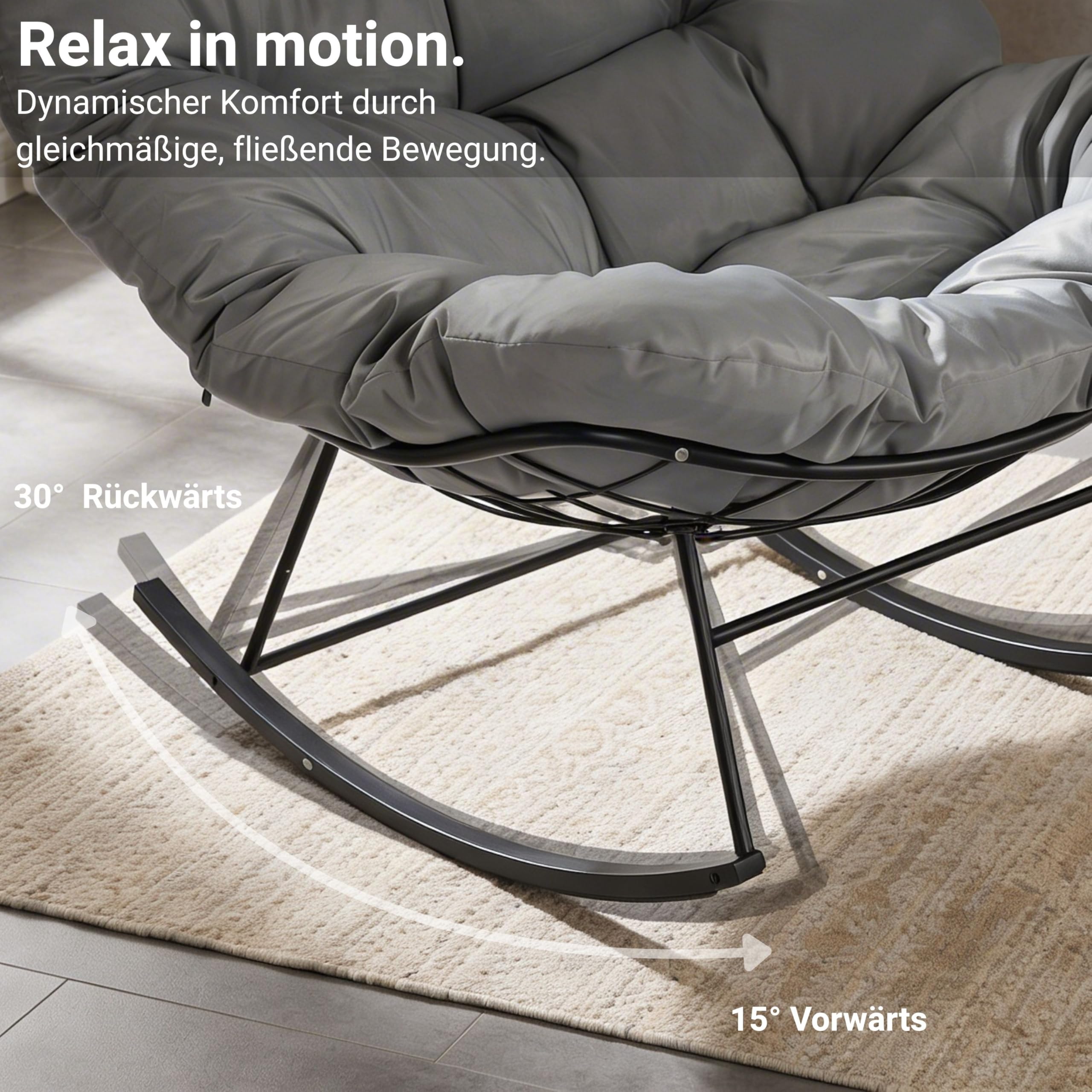 novaterra® Moderner Schaukelstuhl mit großem Komfort Kissen – ergonomischer Relax Schaukelstuhl hochwertig, gepolstert & ideal für den Garten, Lesen & Entspannen