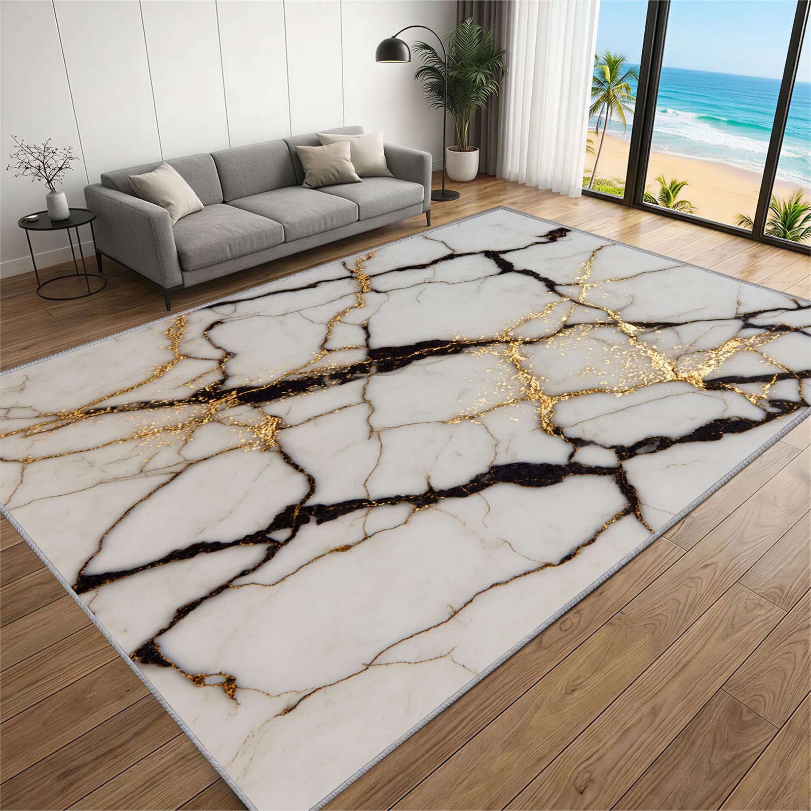 BEQUTIY Art Rugs 180 x 270 cm,Modern Abstract Marble Area Rug for Living Room, Luxury White Gold Black Texture Washable Carpet, Non-Slip Soft Low Pile Floor Mat for Bedroom Home Decor