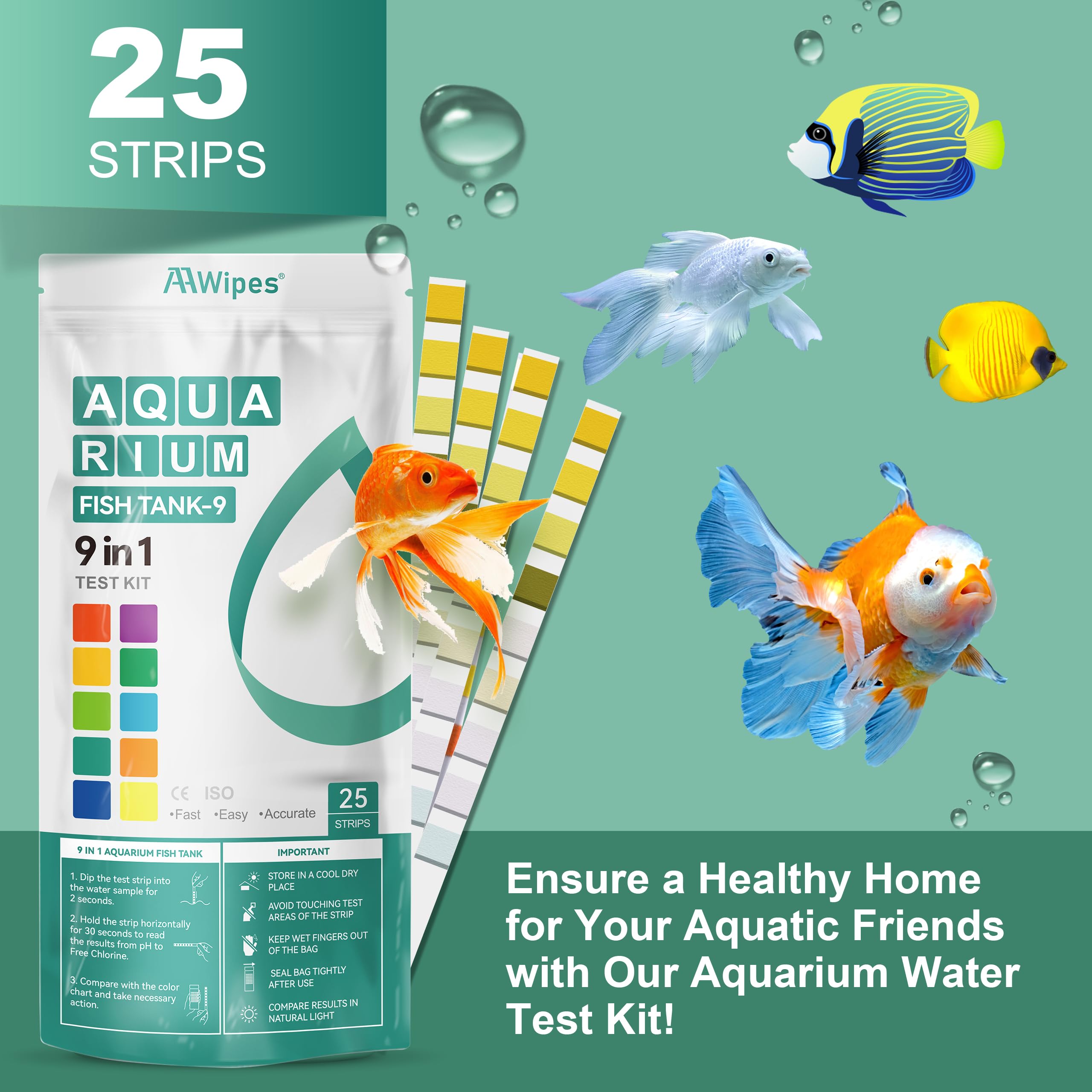 AAwipes Fish Tank Marine Water Test Strips 9-in-1 |25 Strips | Freshwater, Saltwater & Reef Tanks Quick & Accurate Test pH, Carbonate, Copper, Alkalinity, Hardness, Chlorine, Nitrate, Nitrite, etc - image 6