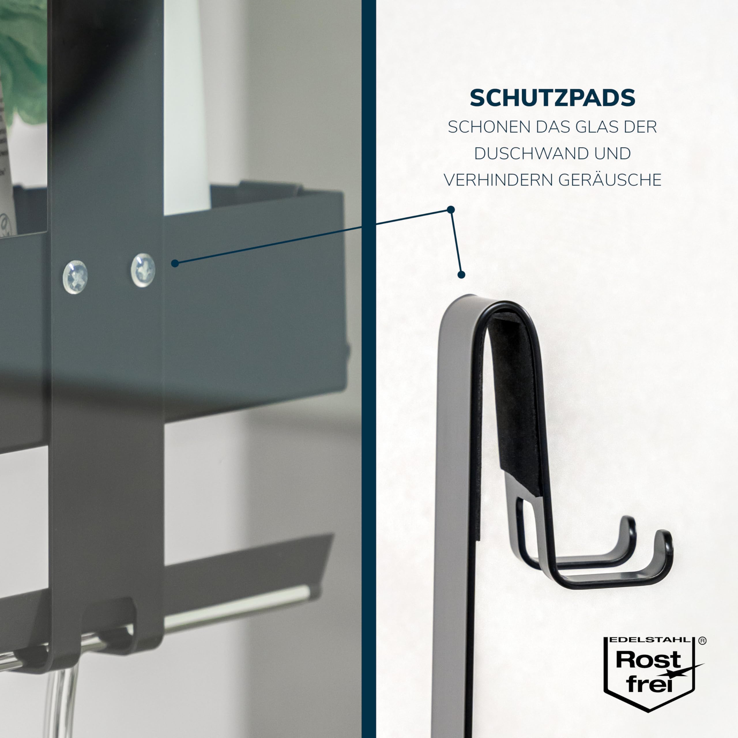 eluno Duschablage für die Glasduschwand, Duschkorb zum Einhängen mit 2 fest integrierten und 2 versetzbaren Haken, perfekter Duschorganizer zur werkzeuglosen Montage (Schwarz)