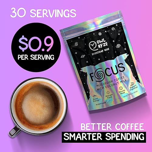 Miniatura 7 de Café de hongos OwlRyze Enfocado con leche de coco y 6 hongos adaptogénicos, aceite MCT, café instantáneo premium para mejor energía, enfoque,