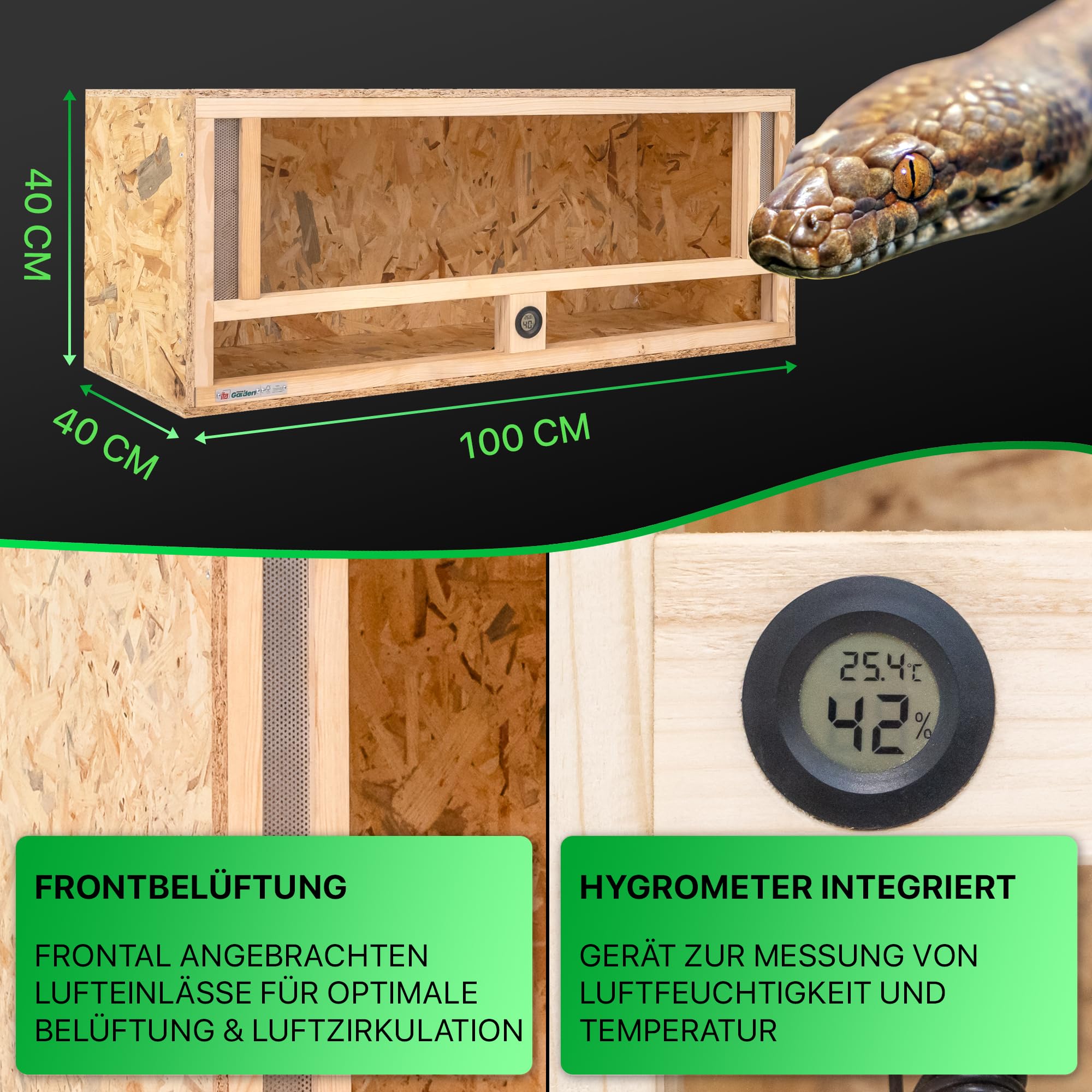 ITA Holz Terrarium 100x40x40 cm mit Frontbelüftung & Integriertem Hygrometer - Holzterrarium aus OSB-3 Platten - Terrarien für Reptilien, Schlangen, Amphibien - EU Produkt, FSC Zertifiziert