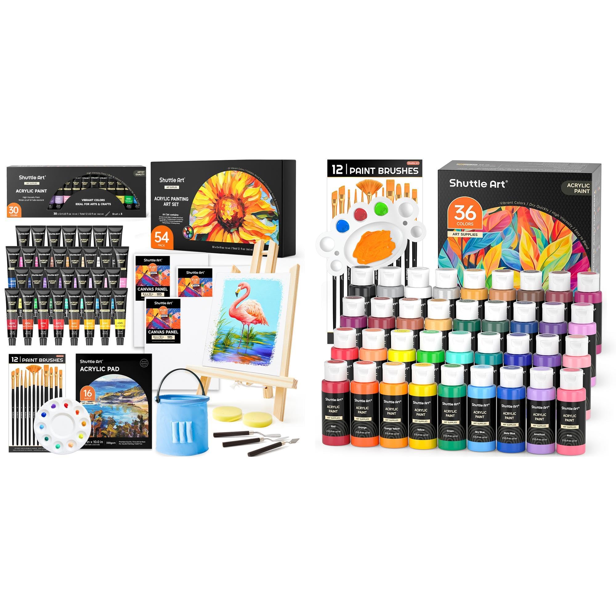 Shuttle Art 103 teiliges Acrylfarben Malset mit 36 Acrylfarben in Flaschen (60ml), 30 Farben in Tuben (12ml), Tischstaffelei, 24 Pinsel, Leinwand, Malmesser, Paletten, Eimer, Schwämme und Acrylbuch