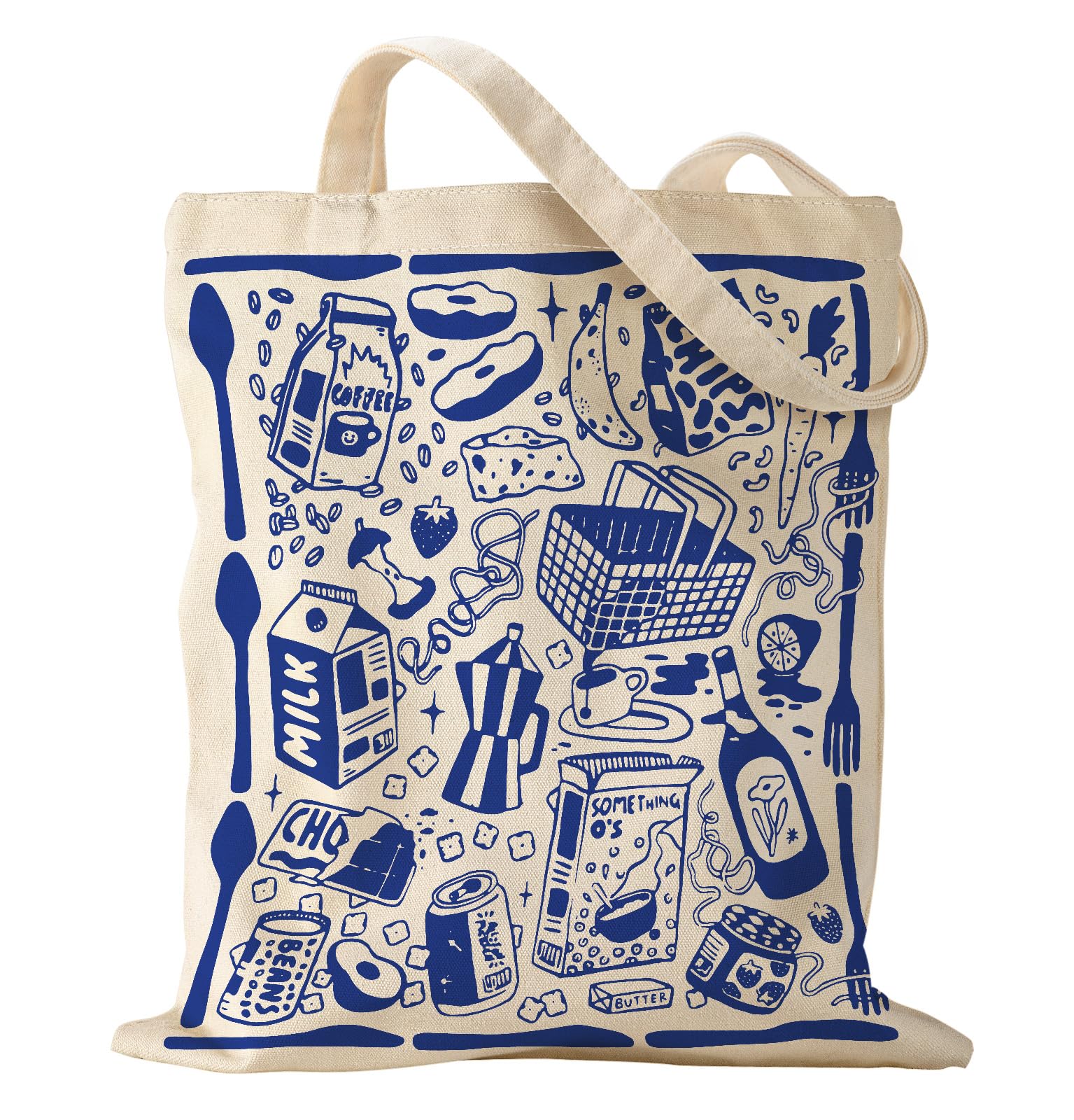Aesthetic Canvas Tote Bag with Pattern for Women, Funny Groovy Blue Doodle Western Food Art Style Design, Casual Cloth Cotton Totes Bag for Vacation, Shopping, Grocery, Gym